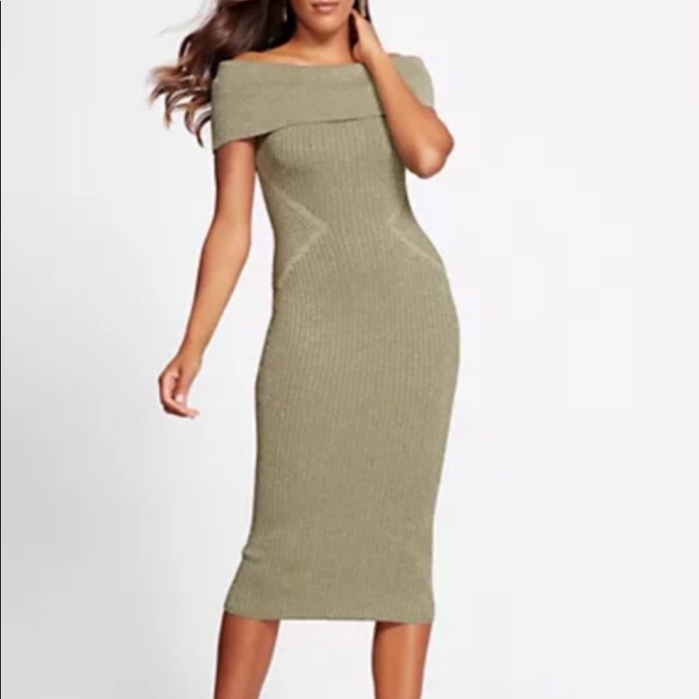 NWOT Gabrielle Union Collection medium sage green off shoulder sweater dress